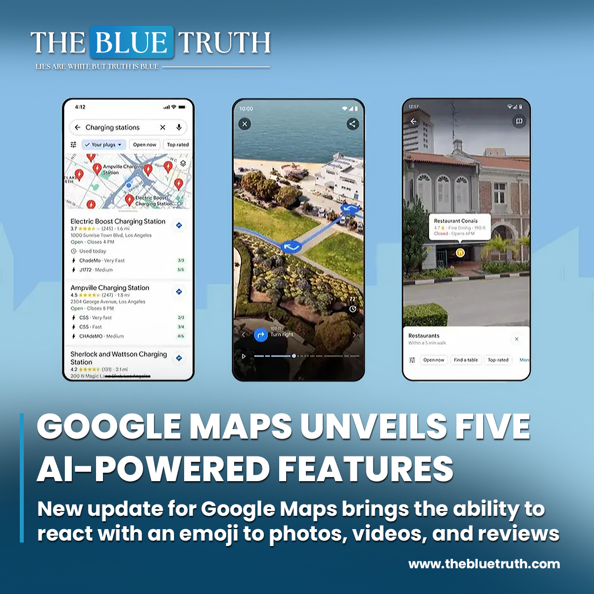 thebluetruth_'s tweet image. Google Maps unveils five AI-powered features 
New update for Google Maps brings the ability to react with an emoji to photos, videos, and reviews

#GoogleMapsUpdate #AIPoweredFeatures #ImmersiveView  #LaneGuidance #LiveView #DataPrivacy #TBT #TheBlueTruth