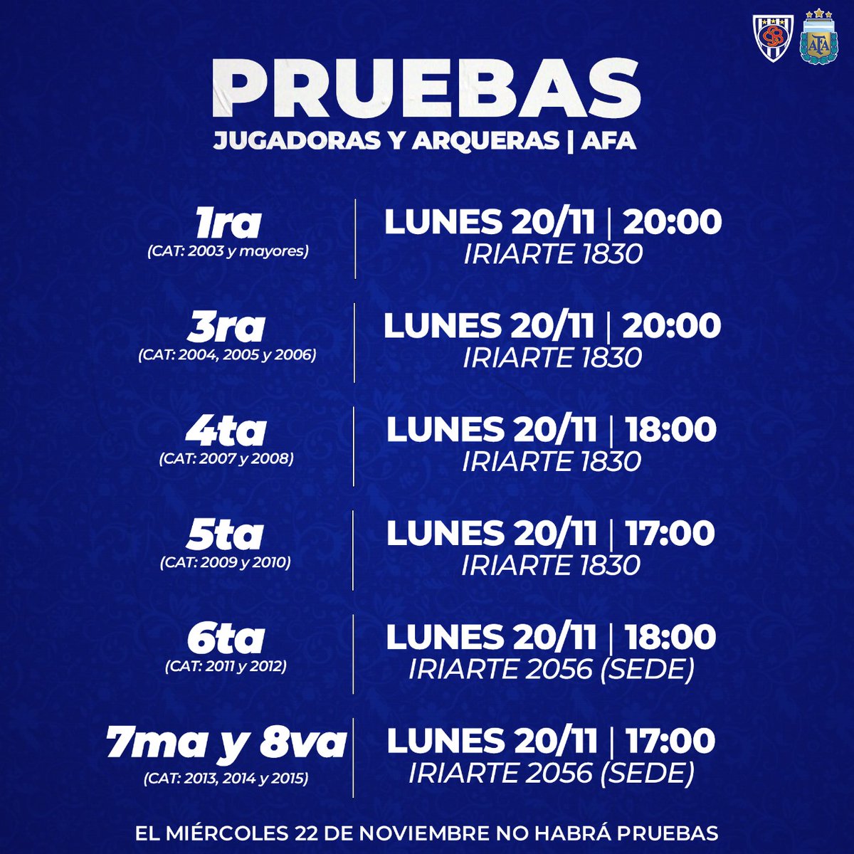 FutsalSportivo's tweet image. 📋 Compartimos los días y horarios de las pruebas de jugadoras de este lunes 💪🏻

👉🏻 #3ra y #1ra será desde las 20hs, el resto mantiene el horario de la semana pasada. Además, el miércoles NO habrá pruebas.