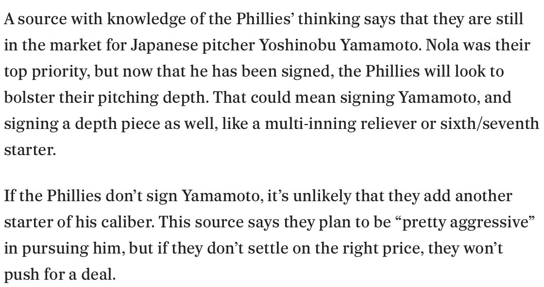 A source with direct knowledge of the Phillies' thinking says that they are still in on Yamamoto. Nola was their first priority and now they are looking to bolster pitching depth. More here: inquirer.com/phillies/aaron…