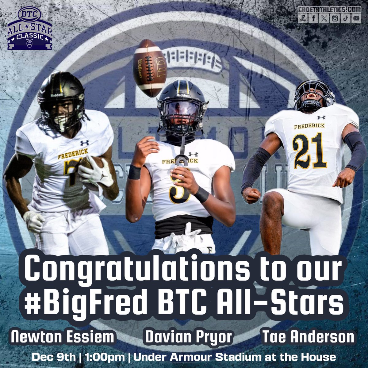 🌟Cadetathletics.com All-Stars🌟
Congratulations to our <a href="/CadetsFootball/">Frederick High School Cadet Football</a> seniors who have been selected to play in this year’s Baltimore Touchdown Club All-Star Classic Game.

⚔️ | #BigFred | ⬛️🟨 | #ProtectTheParkway