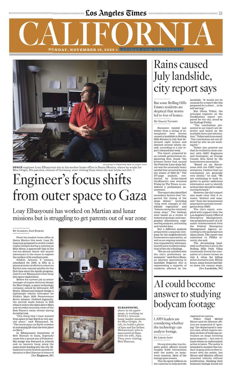 AstroLoay's tweet photo. “Gaza is more remote than Mars, I can send a helicopter to Mars but not water to my Parents in Gaza”
Thanks to @gsanroman2 @latimes 
For full online versions 
https://t.co/tSmXTUGPYT https://t.co/7JU7yJw6nL