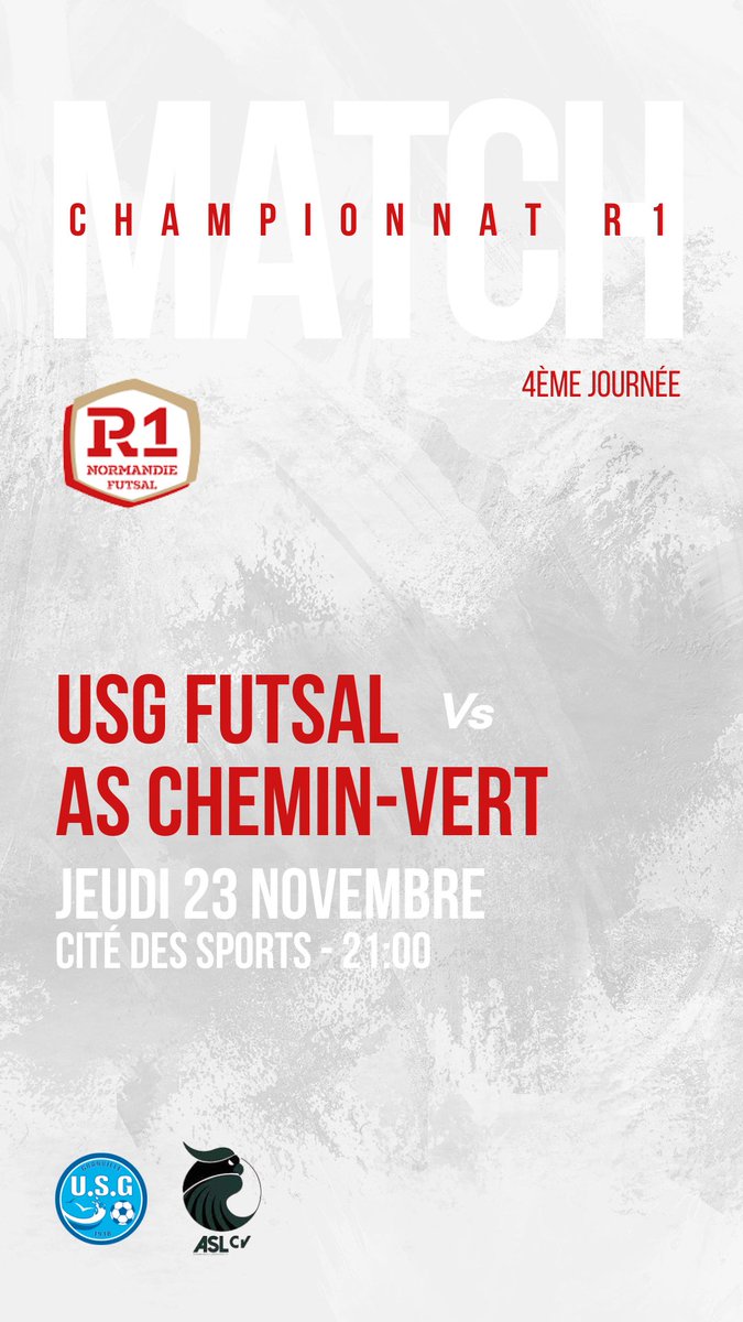 🚨𝐑𝐄́𝐒𝐄𝐑𝐕𝐄𝐙 𝐂𝐄𝐓𝐓𝐄 𝐃𝐀𝐓𝐄 !!! ⤵️

[𝐉𝐞𝐮𝐝𝐢 𝟐𝟑 𝐧𝐨𝐯𝐞𝐦𝐛𝐫𝐞, 𝟐𝟏𝐡𝟎𝟎]

L'USG Futsal recevra Chemin-Vert à la Cité des sports de Granville pour le compte de la 4ème journée du championnat de R1 !

#allezusg ⚪🔵⚽