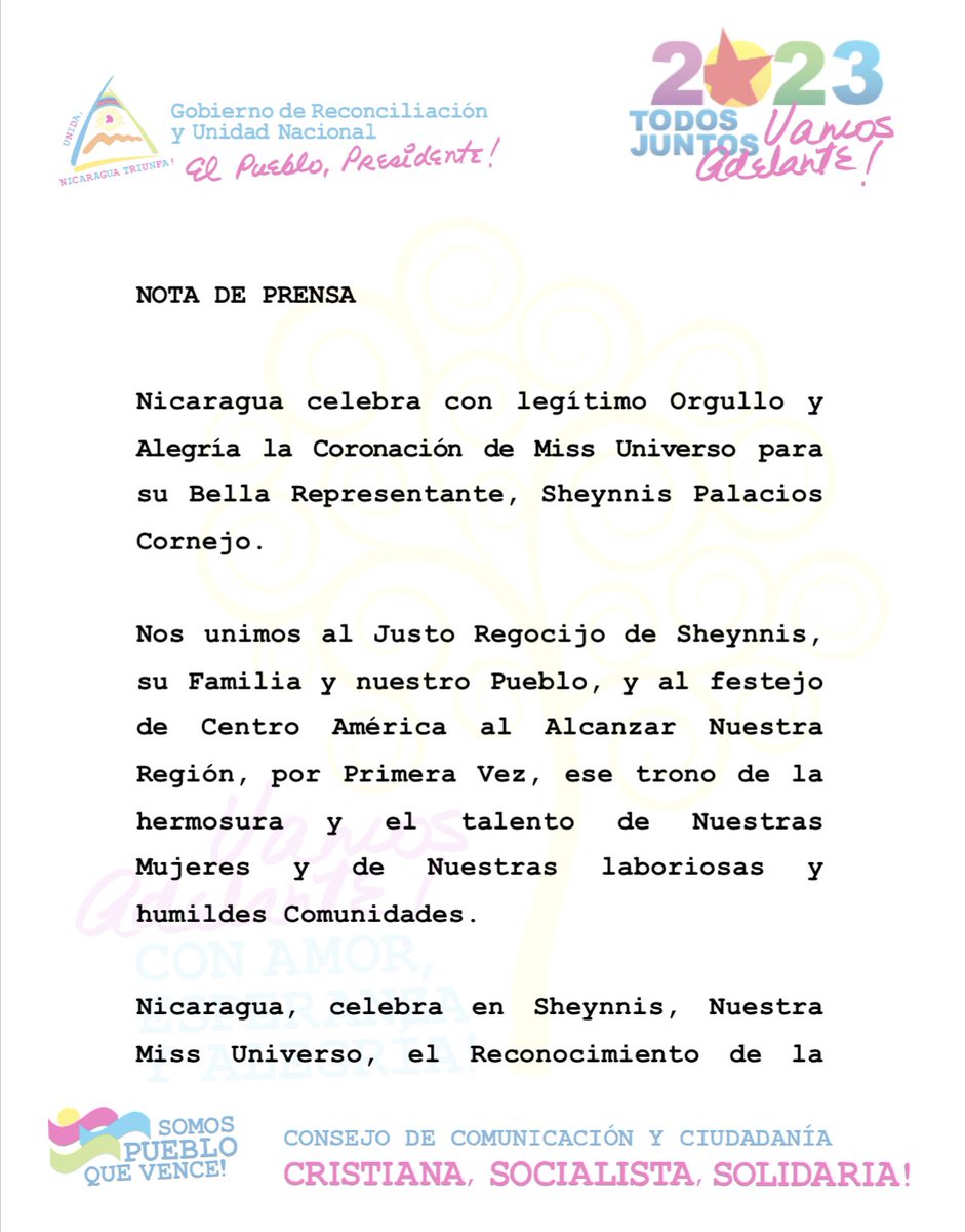 FloryCantoX's tweet photo. 🇳🇮👑 Nota de Prensa del Gobierno de #Nicaragua felicitando a @sheynnispalacio por haber ganado el #MissUniverse y poner en alto el nombre de nuestra patria. ¡Nicaragua está de fiesta con su reina! https://t.co/AycFbREBRW
