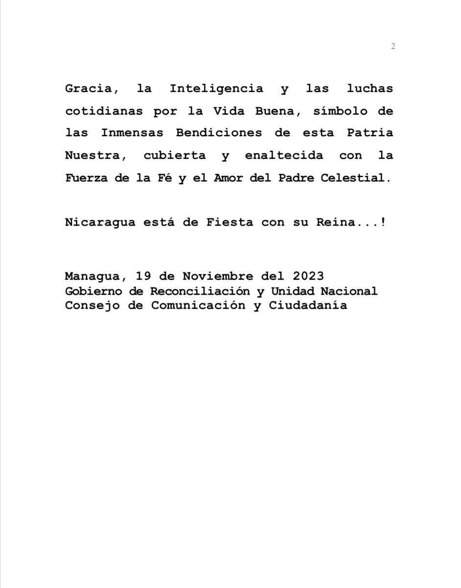 🇳🇮👑 Nota de Prensa del Gobierno de #Nicaragua felicitando a @sheynnispalacio por haber ganado el #MissUniverse y poner en alto el nombre de nuestra patria. ¡Nicaragua está de fiesta con su reina!