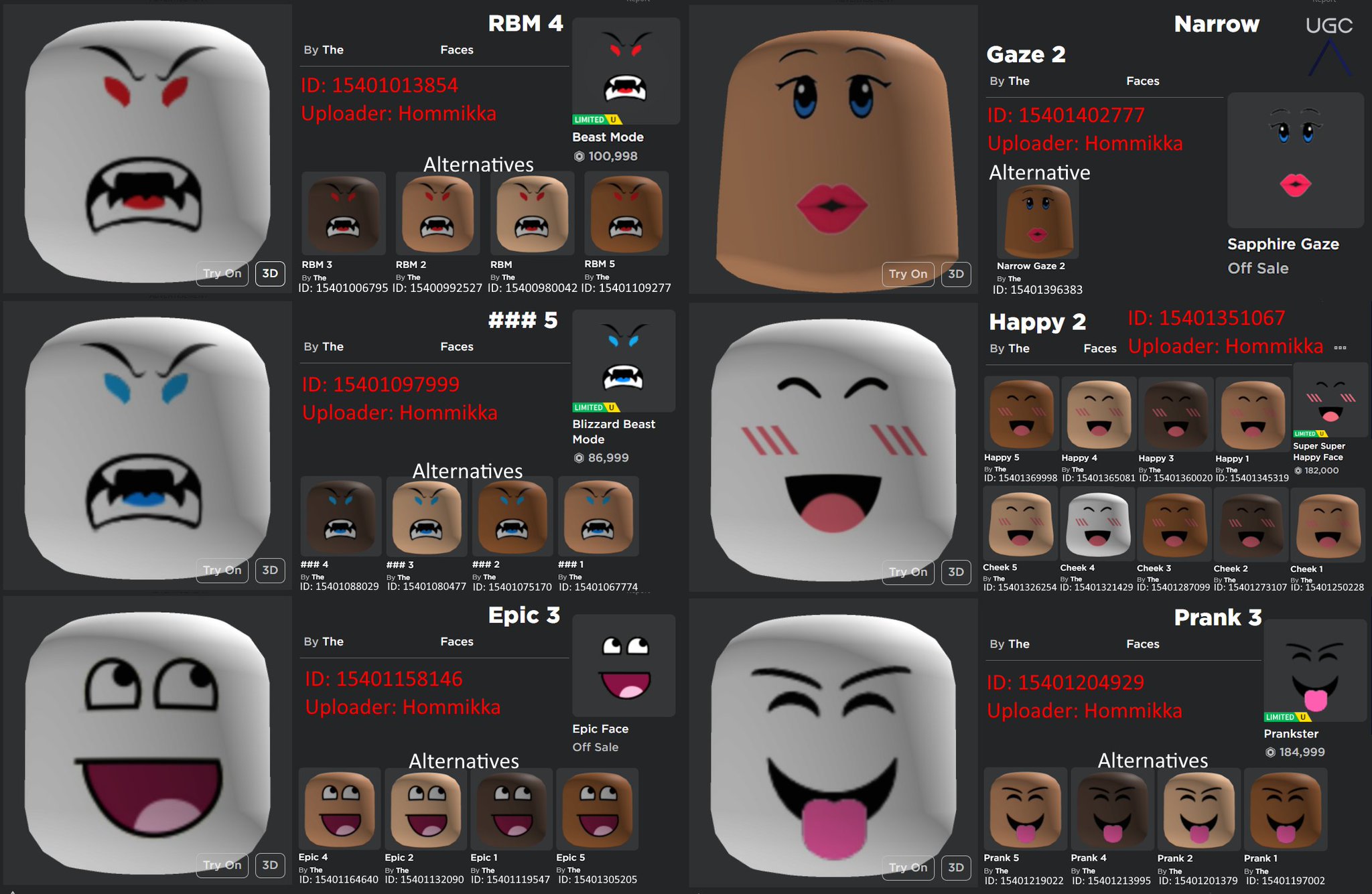 “Peak” UGC on X: UGC creator Hommikka uploaded 32 1:1 copies of the  limited faces Beast Mode, Blizzard Beast Mode, Epic Face, Sapphire  Gaze, Super Super Happy Face, and Prankster. #Roblox #RobloxUGC