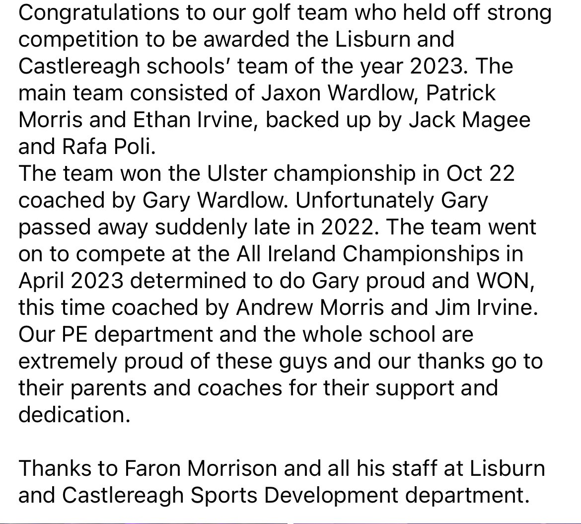 👏🏻 Congratulations to @lagancollege golf team who were awarded the LCC schools’ team of the year 2023. Team: Jaxon Wardlow, Patrick Morris, Ethan Irvine, Jack Magee & Rafa Poli. Thanks to Faron Morrison & Lisburn and Castlereagh Sports Development department. ⬛️⛳️🟥⛳️🟨#LCB