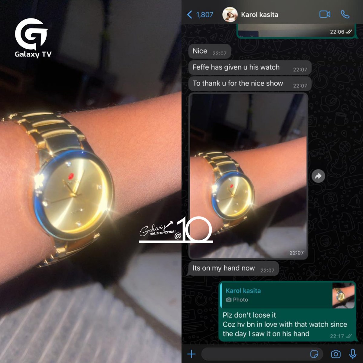 GalaxyFMUg's tweet photo. After @KaroleKasita staged a massive and successful #ChekechaLiveConcert, @FeffebussiMusic decided to gift the diva’s manager, a one Apple his watch worth UGX 2M for the work well done.
But based on the background of the photo and the time Karole Kasita received the watch, it is safe to say Karole Kasita is now at Feffe’s house 🙈