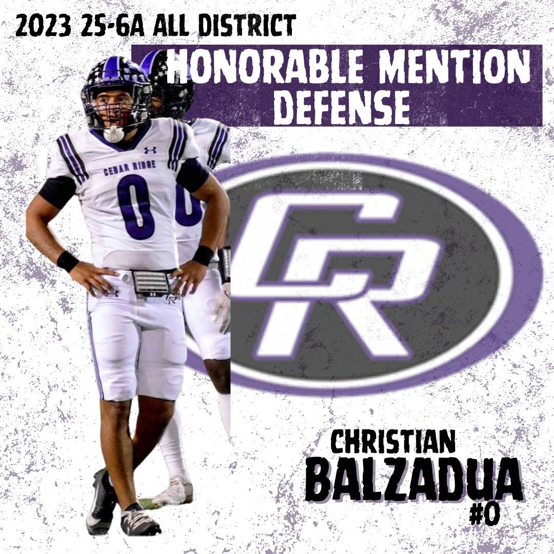 Congratulations Christian Balzadua for being named to the 25-6A All District Honorable Mention Defense!! #weareCR #cedarridgefootball #raiderfootball