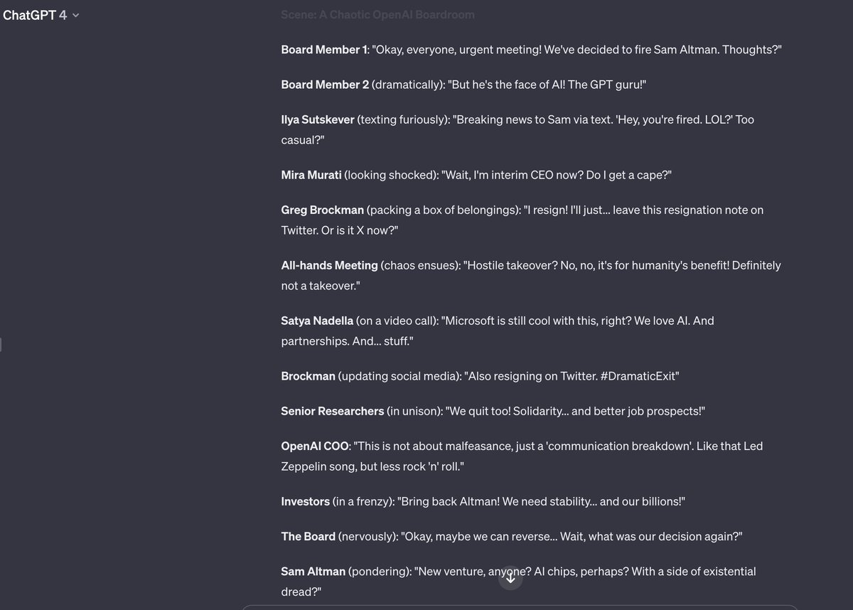 ChatGPT's got some jokes about this Sam Altman situation.

"Wait, what was our decision again?" 😆