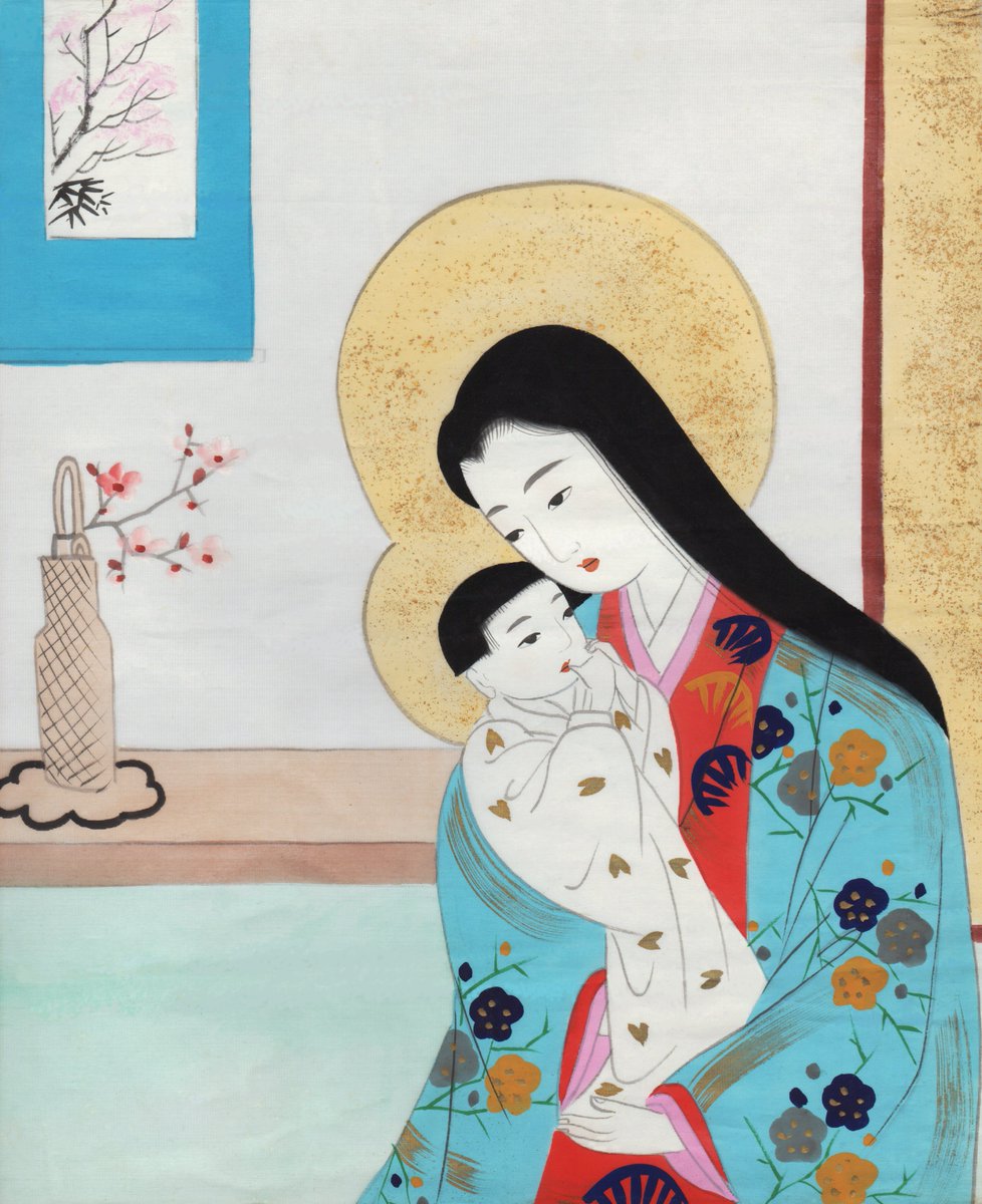 TheChurchInAsia's tweet photo. This Japanese Christian painting features rich symbolism, particularly with regards to the swaddled Christ. His white robe symbolizes purity, and the falling petal motif represents sacrifice in one’s prime. https://t.co/s2bb4Vg0IA