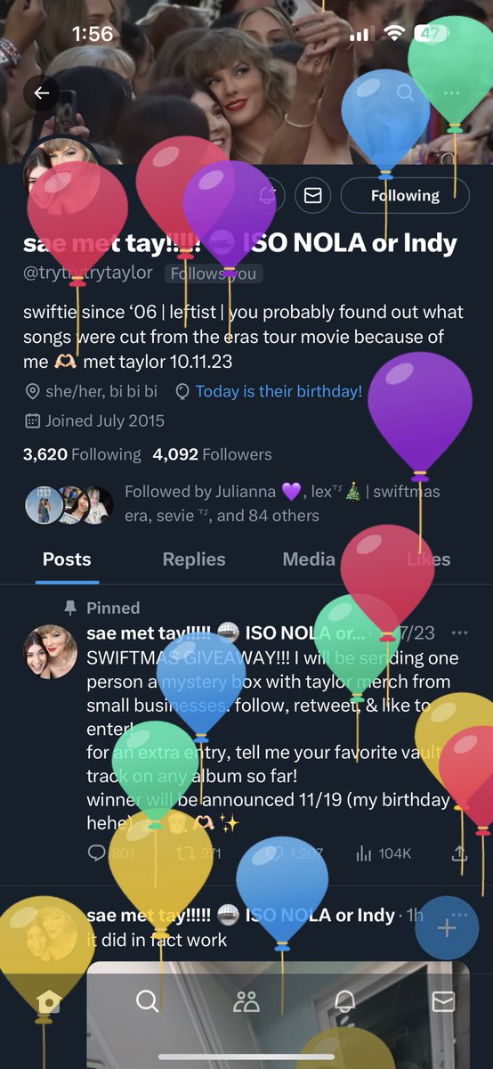 MichelleC3333's tweet photo. @trytrytrytaylor Balloons! Happy BirthTAY!!! https://t.co/XfeGKAvrWm