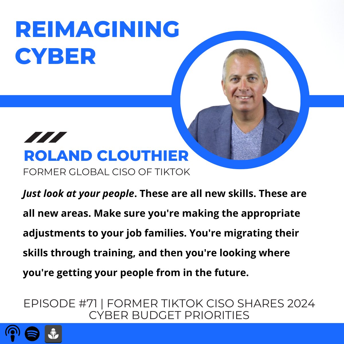 On this week's #ReimaginingCyber podcast: Former TikTok CISO, Roland Clouthier, shares 2024's cyber budget priorities, including #AI, #cloudsecurity, and #dataprotection.

🍏 Apple Podcasts: otcs.cc/3u1Np72
🎵 Spotify: otcs.cc/3Mex4lP

#infosec #datasecurity