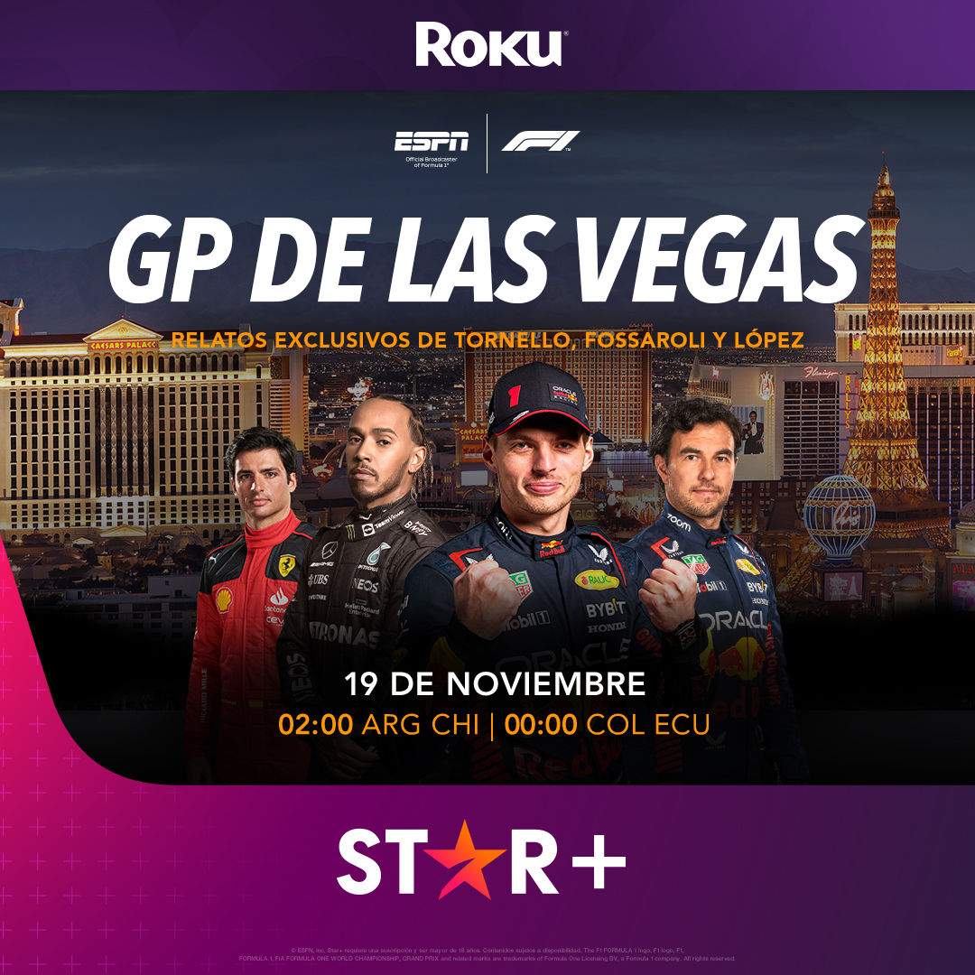 RokuLATAM's tweet photo. Para los fans de la #Fórmula1 🏎️, hoy @starplusla te traeel #GPVegas, este contenido se disfruta en vivo con Roku. #ElStreamingEsConRoku https://t.co/v6RlTSFV0O