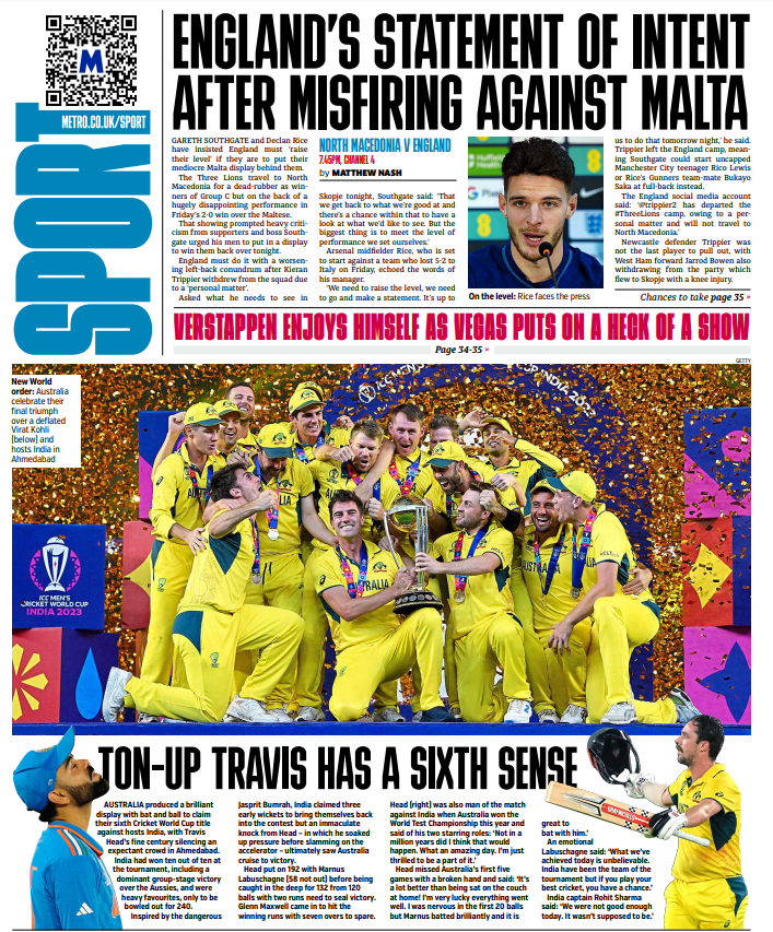 England look for a statement win over North Macedonia while Australia shatter Indian dreams in the Cricket World Cup final... it's Monday's back page