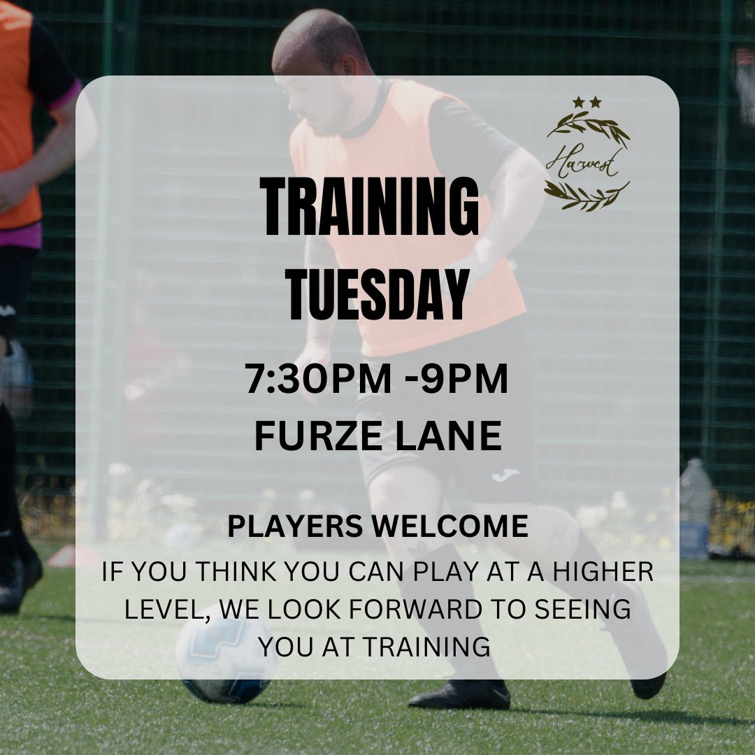 Our Mens team training will be taking place on Tuesday's at Furze Lane from 7:30pm to 9:00pm. Harvest football club welcomes all individuals to try out for the team and we encourage players that are looking to play at a higher level. See you all Tuesday