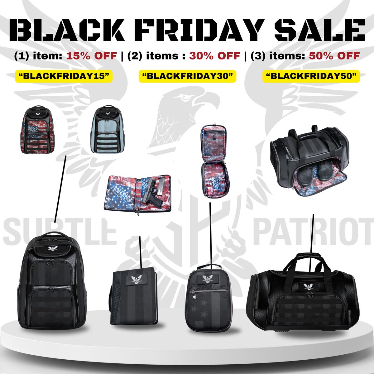 PatriotSubtle's tweet photo. Our #BlackFriday sale is now LIVE! Save up to 50% OFF on Backpacks, Duffel Bags, ManKits, Pistol Planners, Driver &amp; Putter Covers, Hats, AND MORE! 🙌

Discount Codes: 🔥
“BLACKFRIDAY15” - 1 item | 15% OFF
“BLACKFRIDAY30” - 2 items | 30% OFF
“BLACKFRIDAY50” - 3+ items | 50% OFF https://t.co/3iyKjjUZR3