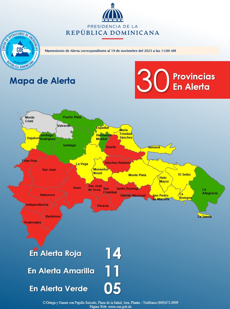 COE_RD's tweet photo. En alerta amarilla 🟡 se encuentran:

Dajabón
La Vega
Hato Mayor
San Pedro de Macorís
María Trinidad Sánchez 
Monseñor Nouel 
Espaillat
Monte Plata
Samaná
El Seibo
La Romana

En alerta verde 🟢:

Hermanas Mirabal
Santiago Rodríguez
Puerto Plata
Santiago
La Altagracia https://t.co/7TU0Xm0TRd