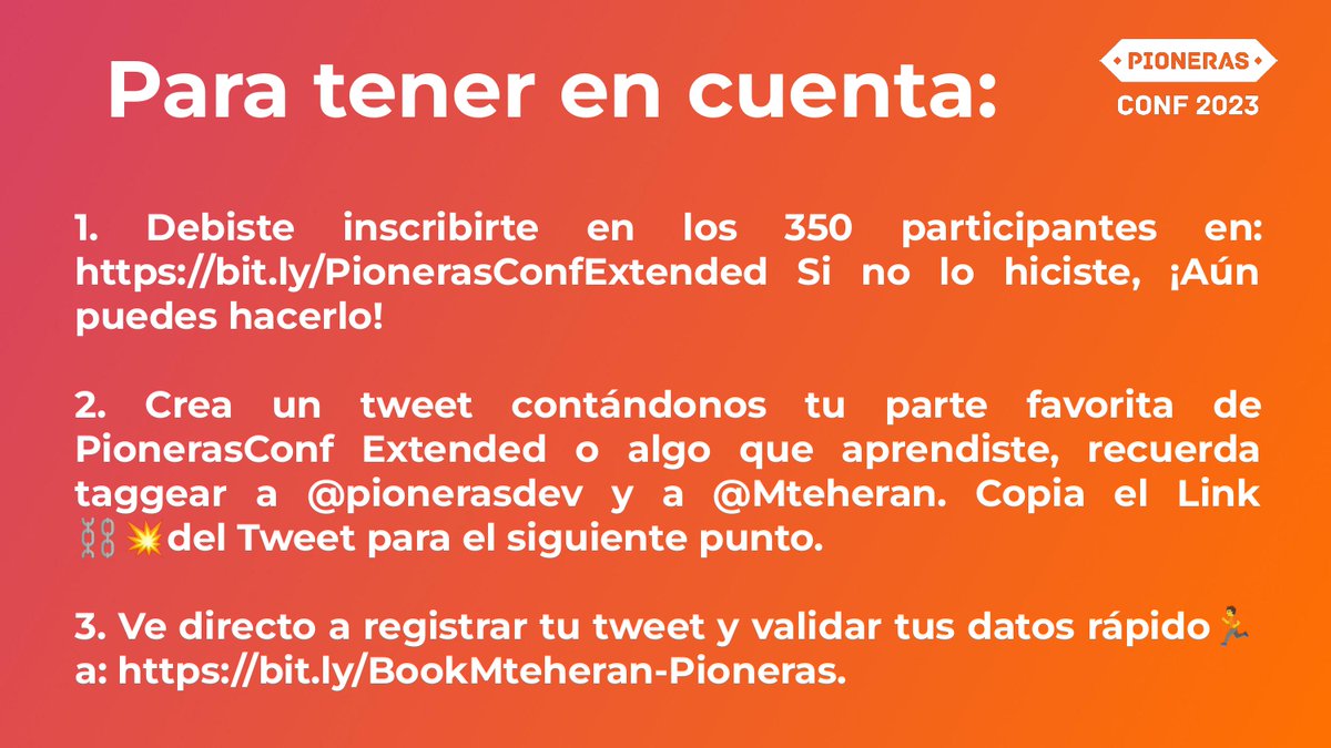 🥳📢Aquí te dejamos toda la información de las rifas que tuvimos hoy en #PionerasConfExtended. Sigue las instrucciones en la imagen y te dejamos los links que debes tener en cuenta:

bit.ly/PionerasConfEx… bit.ly/BookMteheran-P…

¡Pronto contactaremos a las/los ganadores! 🧡✨