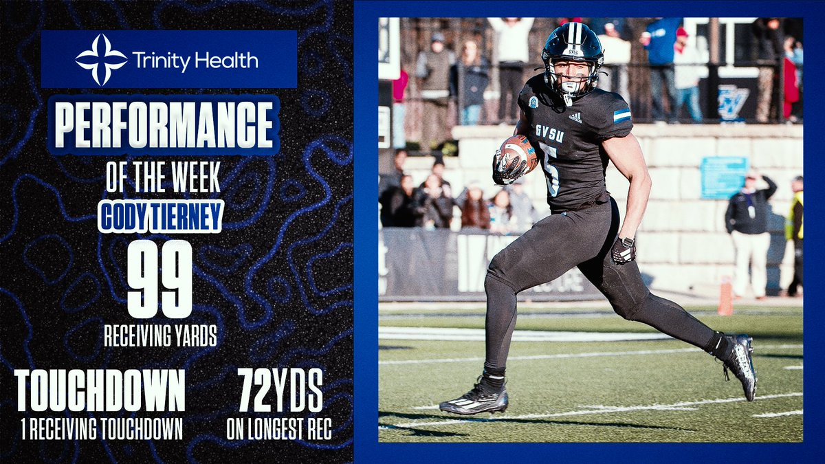 Cody Tierney emerged as a big-play force against Ferris State, securing 99 receiving yards, including an impressive 72-yard reception and a touchdown! This outstanding performance earned him @trinityhealthmi's Performance of the Week. #AnchorUp