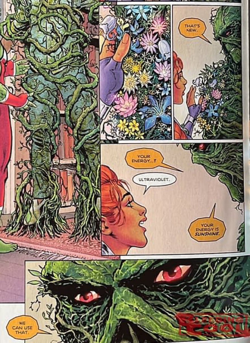 this concept of starfires’s skin alone radiating so much ultraviolet energy it’s able to grow plant life on swamp thing is crazy i have to give 10s for this