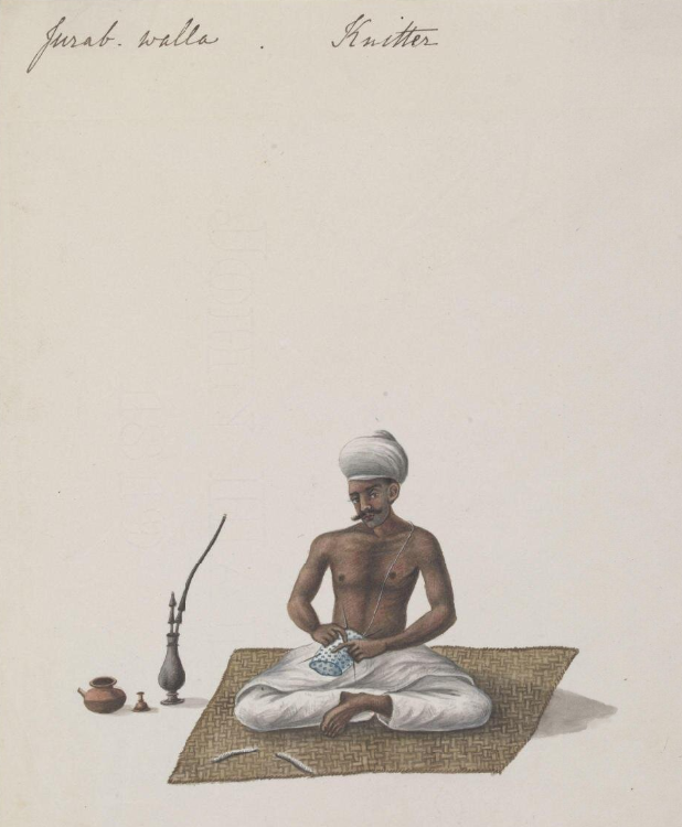 #Busting the lies of #Caste in India. In 1826, East India Company hired artists to paint 35 paintings to depict various trades to raise taxes on trade in India. I will be updating this thread with all the trades. 1. Knitter - Observe Janeeva