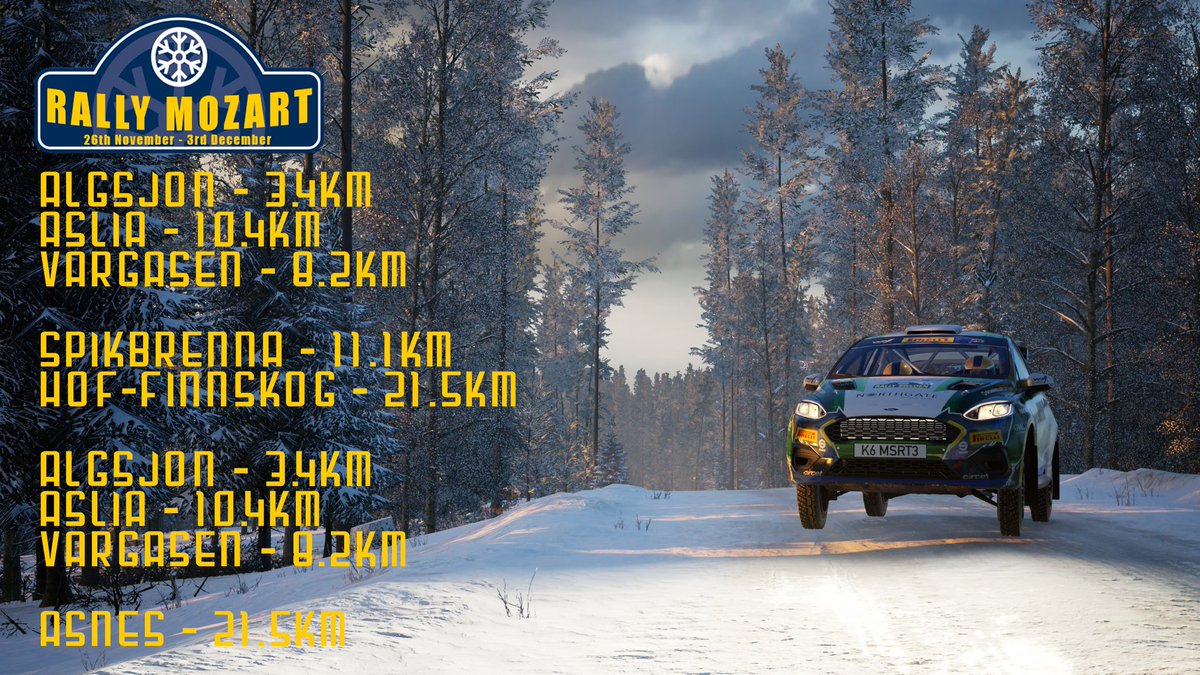 9 snowy stages over 4 loops, 98km of stages await the drivers of #RallyMozart

Will it be a winter wonderland or a nightmare before Christmas?
