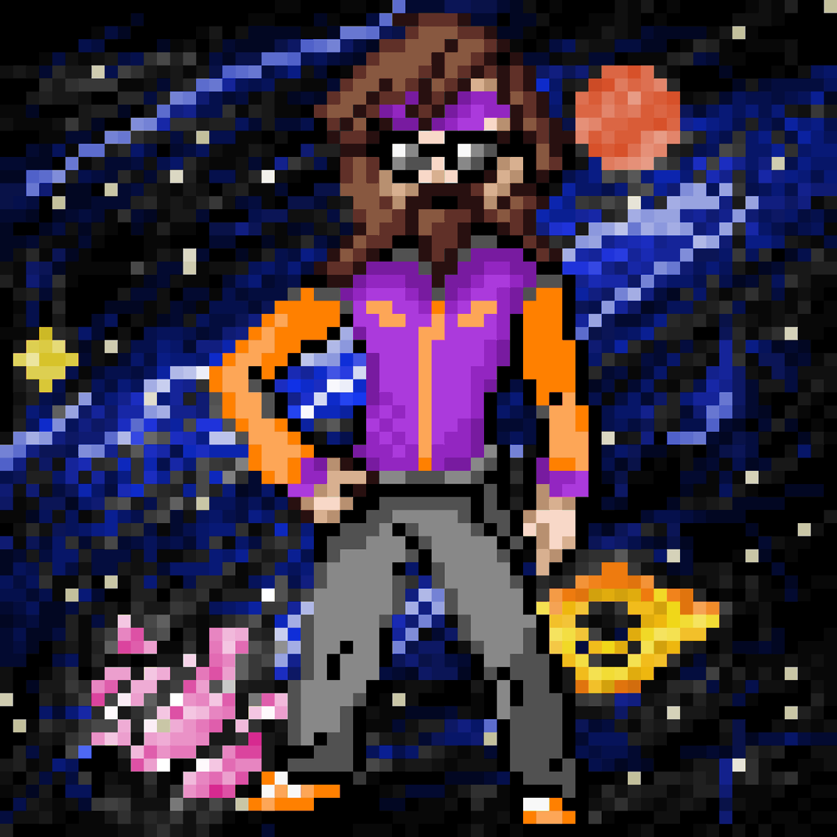 Pneun_Ethan's tweet photo. Been fw pixel art again. Started out as a pokemon trainer sprite (im putting myself in fire red) made a quick space background so I have a new pf pic https://t.co/hO8W1aj3rE