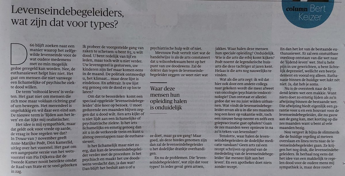 De onmogelijkheid van de 'wet voltooid leven', fijntjes uitgelegd door Bert Keizer, specialist ouderengeneeskunde én medewerker van het Expertisecentrum Euthanasie. Uit <a href="/trouw/">Trouw</a>.