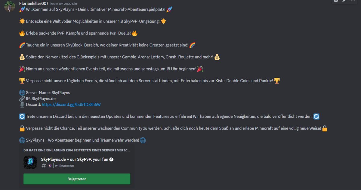 SkyPlayns's tweet photo. 🚀 Willkommen bei SkyPlayns - Dein Minecraft-Abenteuerspielplatz! 📷 1.8 SkyPvP, 1vs1, SkyBlock! 📷 Server: https://t.co/EL7KxY8wsW 📷 Discord:  📷 Erlebe Minecraft neu! #SkyPlayns #Minecraft https://t.co/mNIkyIj4KY