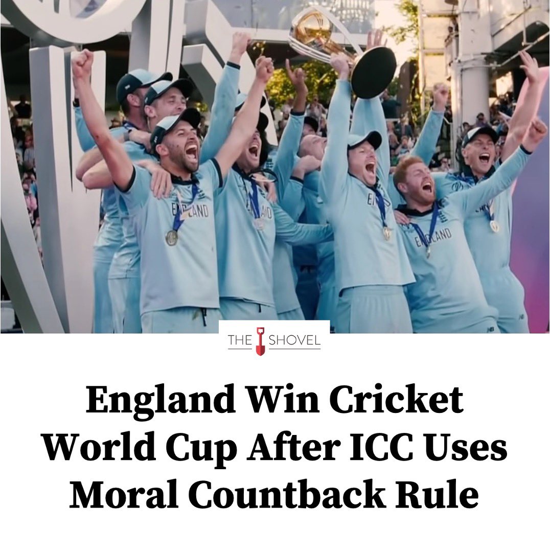 Australia has been stripped of the World Cup after a countback found England had won moral victories in every game. 

Full details: tinyurl.com/vhsnnbft

#CWC2023Final #INDvAUS