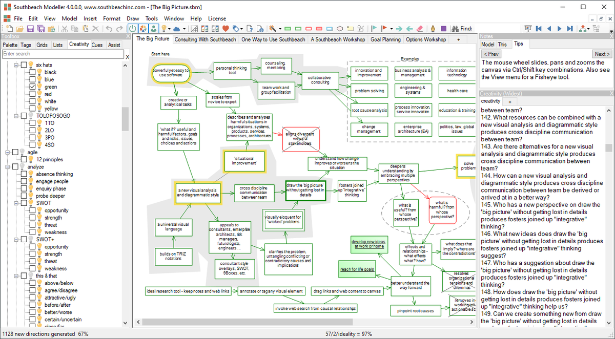 note4notebook's tweet image. Southbeach Modeller v4 is simply incredible! Here showing part of the MyCreativity library, over 200 curated rule sets that can be applied to any visual model. #TRIZ #innovation #ideation #creativity