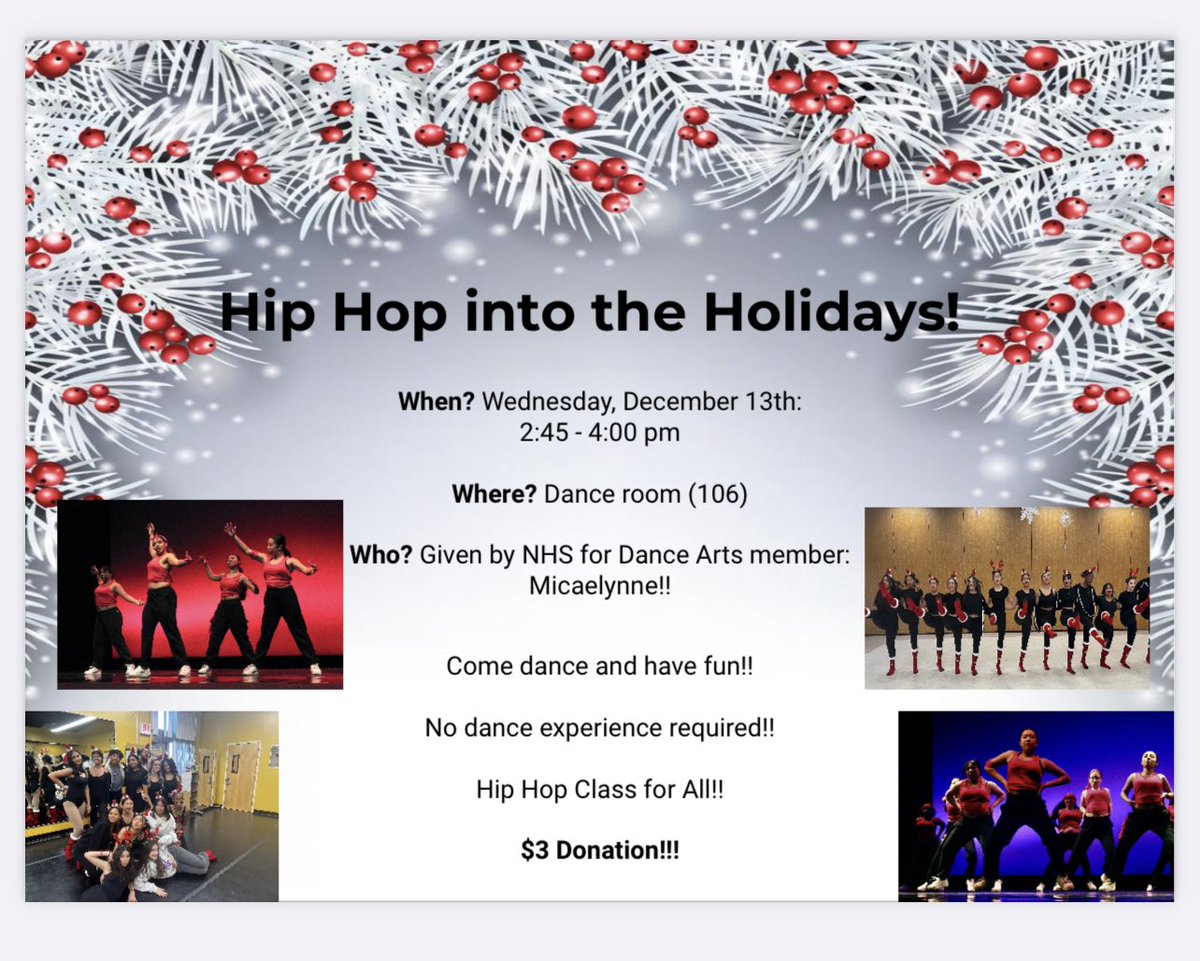 NHSDA members are hosting our first community class for EHS. 
All are welcome! 
Come hip hop with member Micaelynne.
12/13 in the dance room at 2:45
$3 donation.