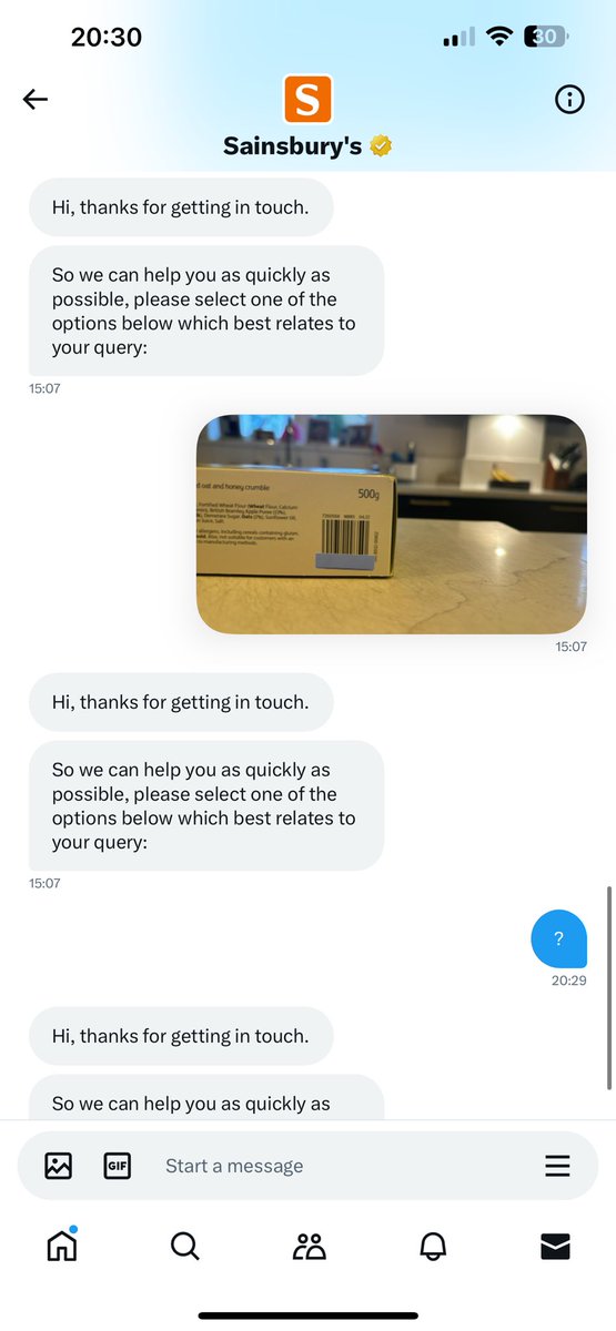 RJSaunders17's tweet photo. @sainsburys Thank you, Shezad. I have actually responded but not sure if something is wrong with your chatbot. I keep getting an incomplete response https://t.co/bYuIgXNCcC