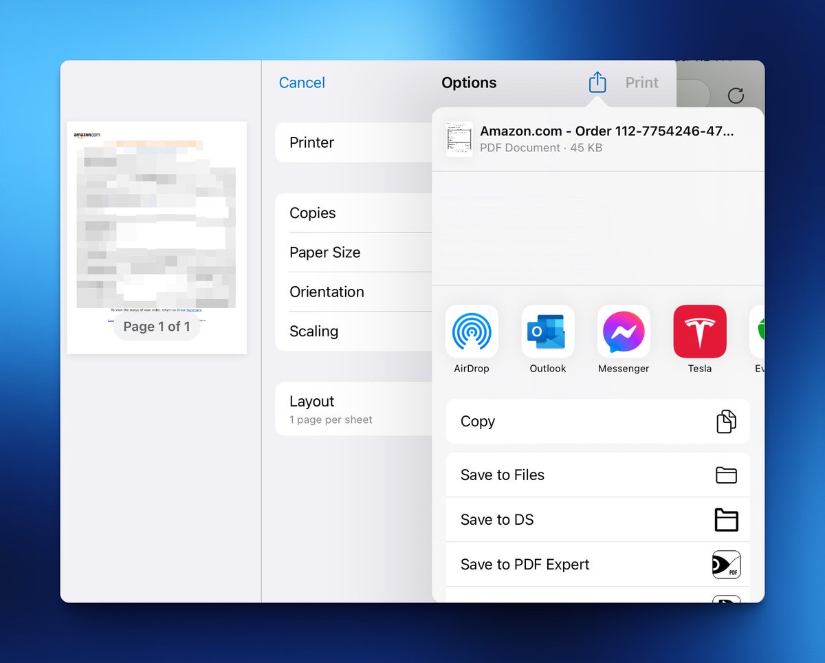 I may be the last person to realize this, but in case I’m not: I’ve always been confused that there was no print to PDF on #ipadOS. I was looking for Save As > PDF, but it turns out the path to get a PDF is the share sheet; when you select email you get your PDF attachment. 😎