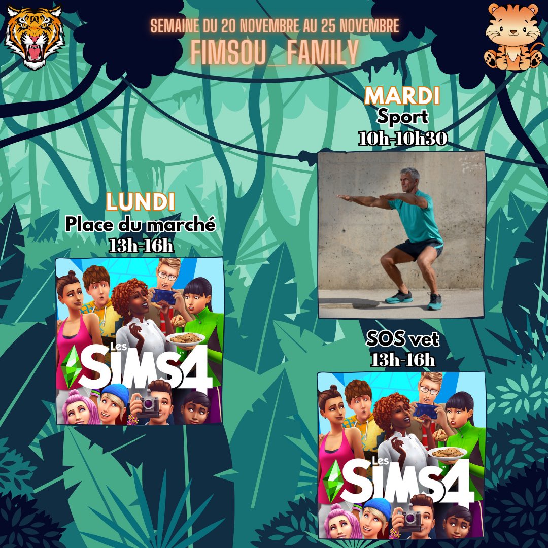 🚨 Planning 🚨

Petite semaine, mais semaine bien sympathique 😍 je compte sur vous ! 

twitch.tv/fimsou_family

#gaming #twitch #stream #Sims4 #sport #fitness