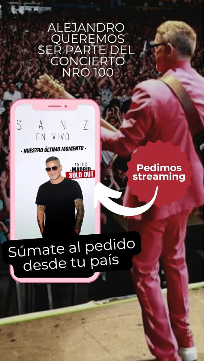 QUEREMOS ser parte del concierto  1️⃣🌍🌍 el próximo 15 de dicembre en Madrid 

¿Hay Streaming para los que estamos lejos? 🙏😍 

SUMATE AL PEDIDO @ a <a href="/AlejandroSanz/">Alejandro Sanz</a> 🇦🇷🇦🇷

#AlejandroSanz #OficialFams #NuestroÚltimoMomentoStreaming #HazQueSuceda