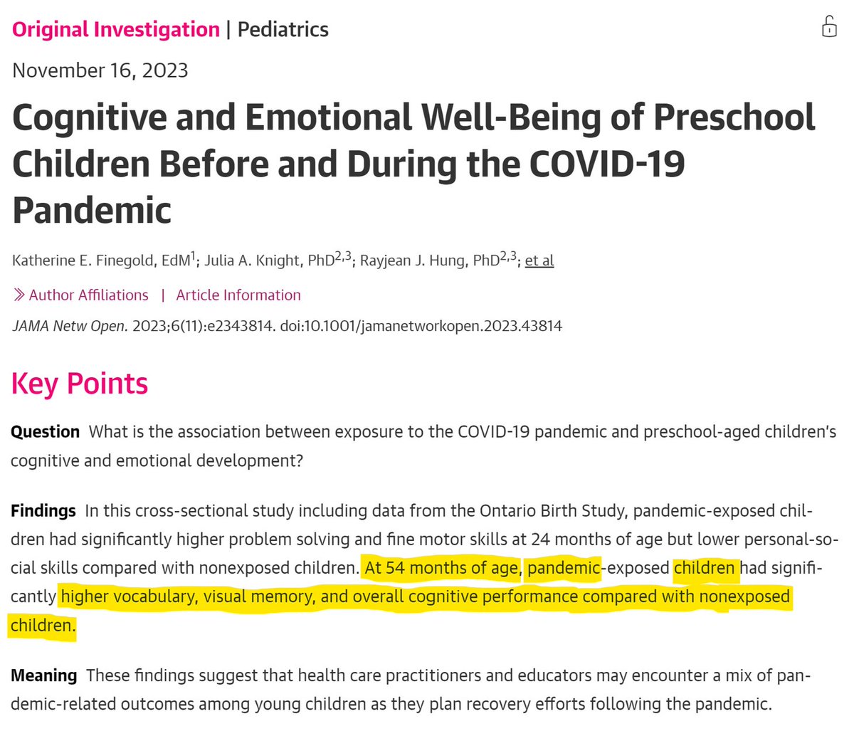 michael_hoerger's tweet image. #Lockdowns #LearningLoss 

&quot;At 4.5 years of age, pandemic kids had higher vocabulary, visual memory, and overall cognitive performance compared with pre-pandemic kids.&quot;

-More from JAMA journals this week
jamanetwork.com/journals/jaman…

1/2