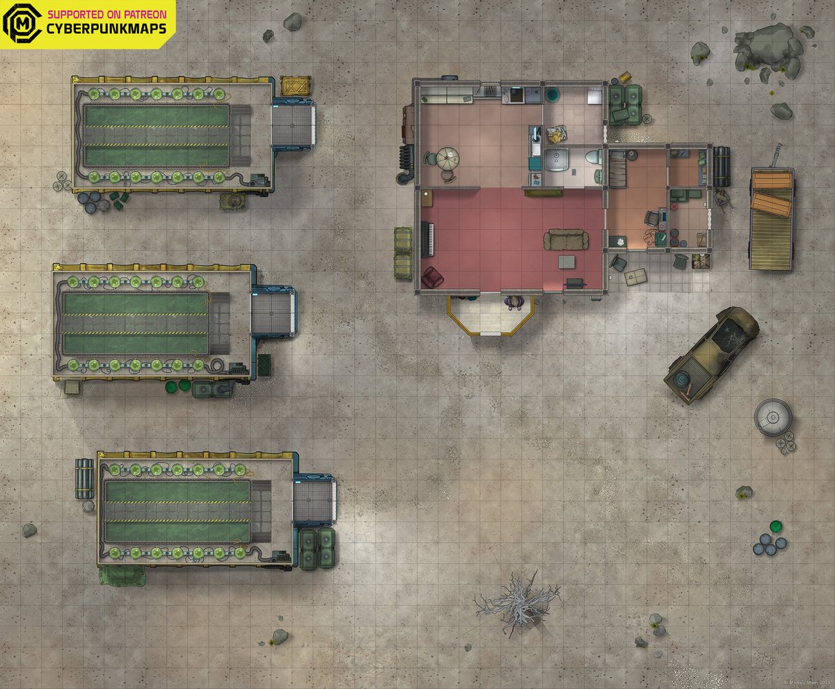 cyberpunkmaps's tweet photo. "Hmm. The drone has detected something buried into the ground next to the dead tree...Enhance."

A protein farm inspired by Blade Runner 2049's opening scene. 

#bladerunnerrpg #cyberpunkred #shadowrun #TTRPGs #battlemaps https://t.co/iefPKW0PRj