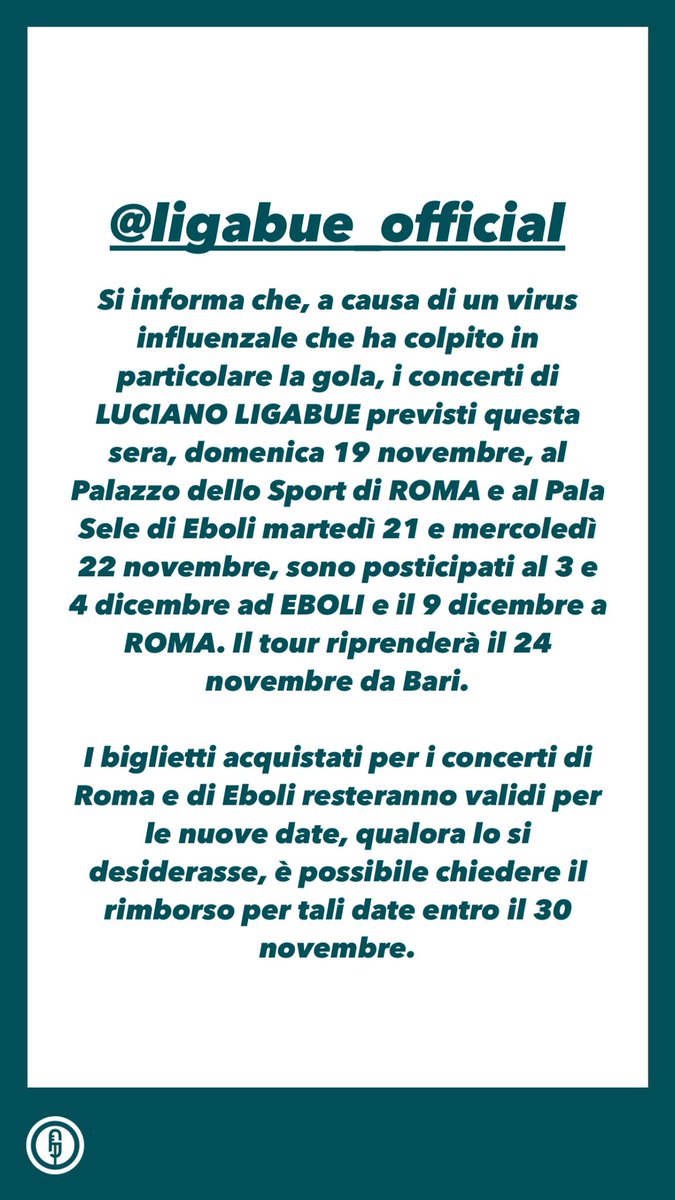 I concerti previsti questa sera, domenica 19 novembre, al Palazzo dello Sport di ROMA e al Pala Sele di Eboli martedì 21 e mercoledì 22 novembre, sono posticipati al 3 e 4 dicembre ad EBOLI e il 9 dicembre a ROMA. Il tour riprenderà il 24 novembre da Bari. I biglietti acquistati…