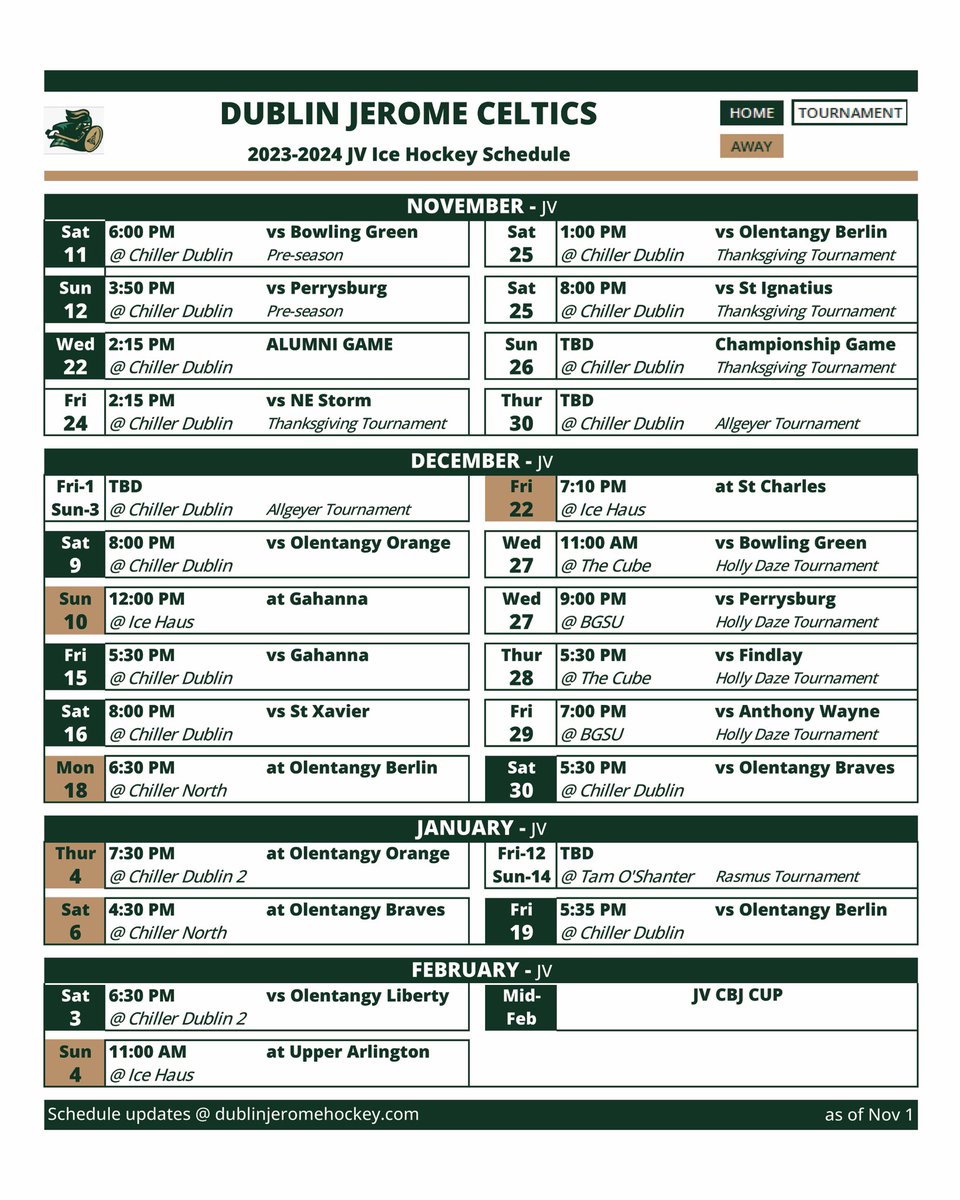 Varsity and JV Jerome Hockey Schedules for the 2023-24 season. (Schedules subject to change) #jeromehockey #celtichockey #DJHS #Dublinhockey #DublinJeromeHockey #DublinHighSchoolHockey #JeromeCeltics #CeltsHockey #DublinCeltsHockey #DublinOhioHockey #DublinCelts