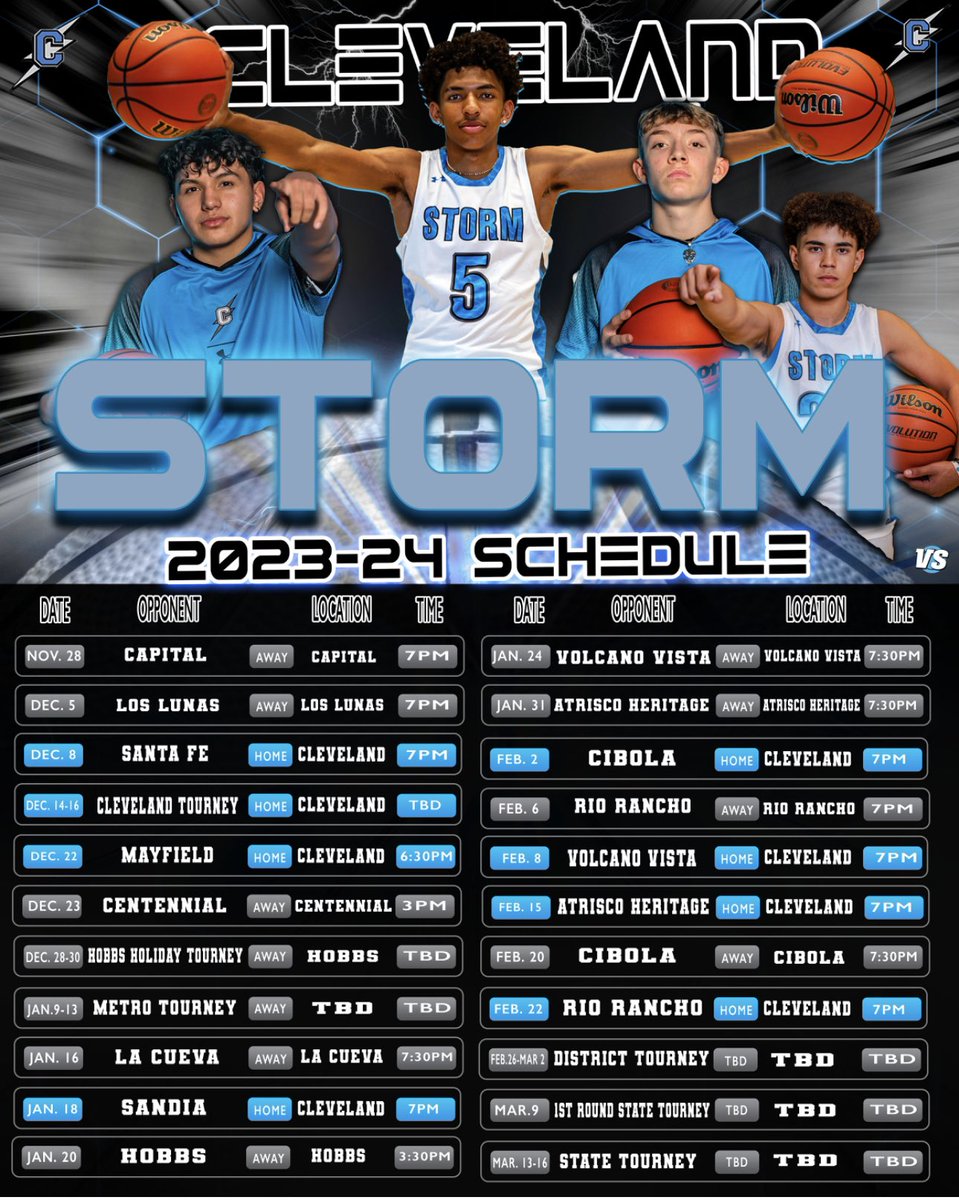 cleveland_bball's tweet photo. Our 2023-24 schedule! Let’s get this season started! #StormBasketball #EarnIt @coachzcole https://t.co/7ttXr84ZhD
