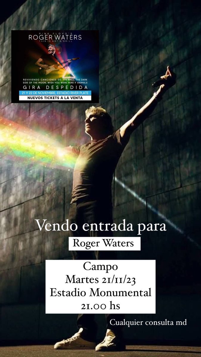 MagaFinelli's tweet photo. Vendo Entrada para Roger Waters 
Campo
Martes 21/11/23 
Estadio Monumental
21.00 hs https://t.co/YeL4sxt1sR