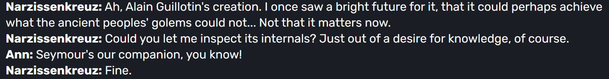 We also know that this theme stretches to Narzisssenkreuz lore, as Jakob also talked about “ancient golems” in his log and Narzissenkreuz talked about transferring consciousness in Enigmatic Note (XII). Narzissenkreuz also wanted to take a peek inside 4ACV07, (8/37)