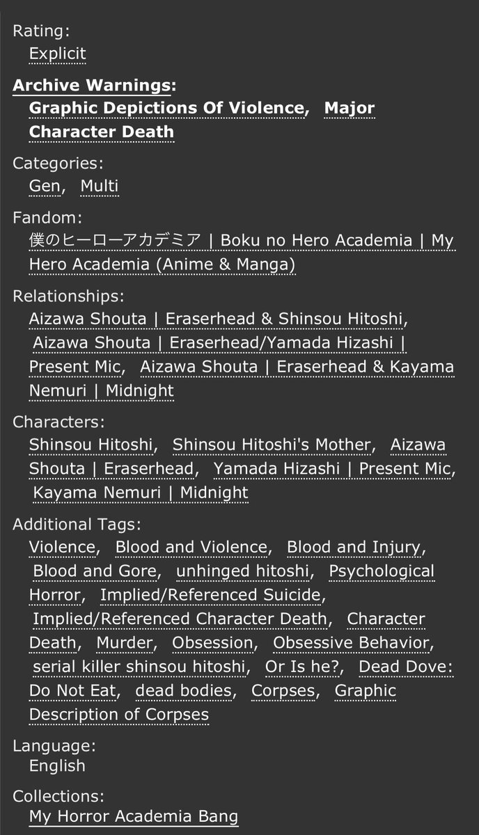 i’m so so excited to share one of my pieces for <a href="/MHAHorrorBang/">My Horror Academia Bang</a>!! i worked with <a href="/SynnieWrites/">🦇 Synnie 🦇 .</a> &amp; their art is *chef’s kiss*! thank you to inky for being my beta!

PLEASE read the tags! it’s a gory one!

“daddy dearest” now on ao3!

archiveofourown.org/works/51708370

synnie’s art below ⬇️