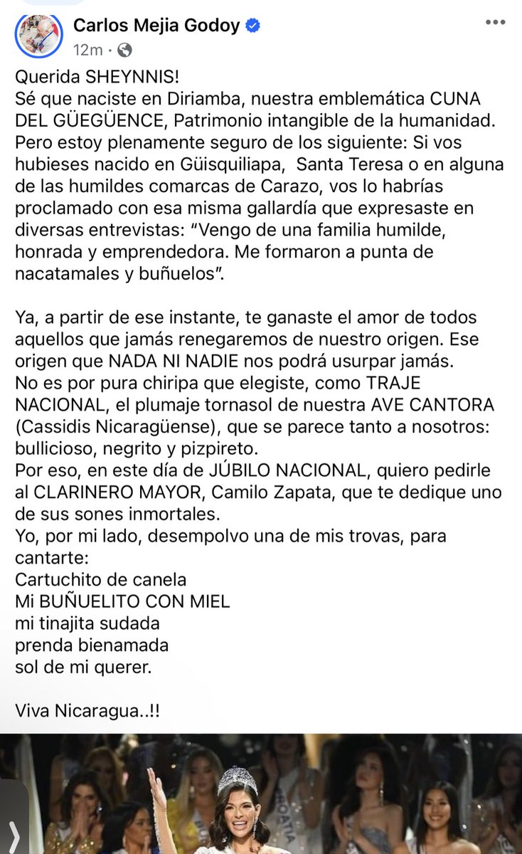 wilihnarvaezG's tweet photo. “Mi buñuelito con miel” a Miss #Nicaragua

Por el cantautor: Carlos Mejia Godoy https://t.co/7ziyfamRxB