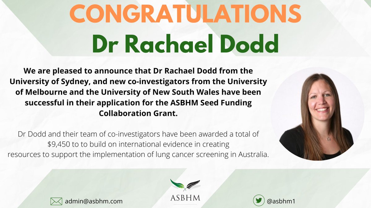 Australasian Society for Behavioural Health & Med (@asbhm1) on Twitter photo We are pleased to finally announce the awardee of the ASBHM Seed Funding Collaboration Grant.
Dr <a href="/RachaelHDodd/">Dr Rachael Dodd</a> from the University of Sydney will receive $9,450 to support the implementation of lung cancer screening in Australia. Congratulations Dr Dodd and co-investigators! 🎉 We are pleased to finally announce the awardee of the ASBHM Seed Funding Collaboration Grant.
Dr <a href="/RachaelHDodd/">Dr Rachael Dodd</a> from the University of Sydney will receive $9,450 to support the implementation of lung cancer screening in Australia. Congratulations Dr Dodd and co-investigators! 🎉