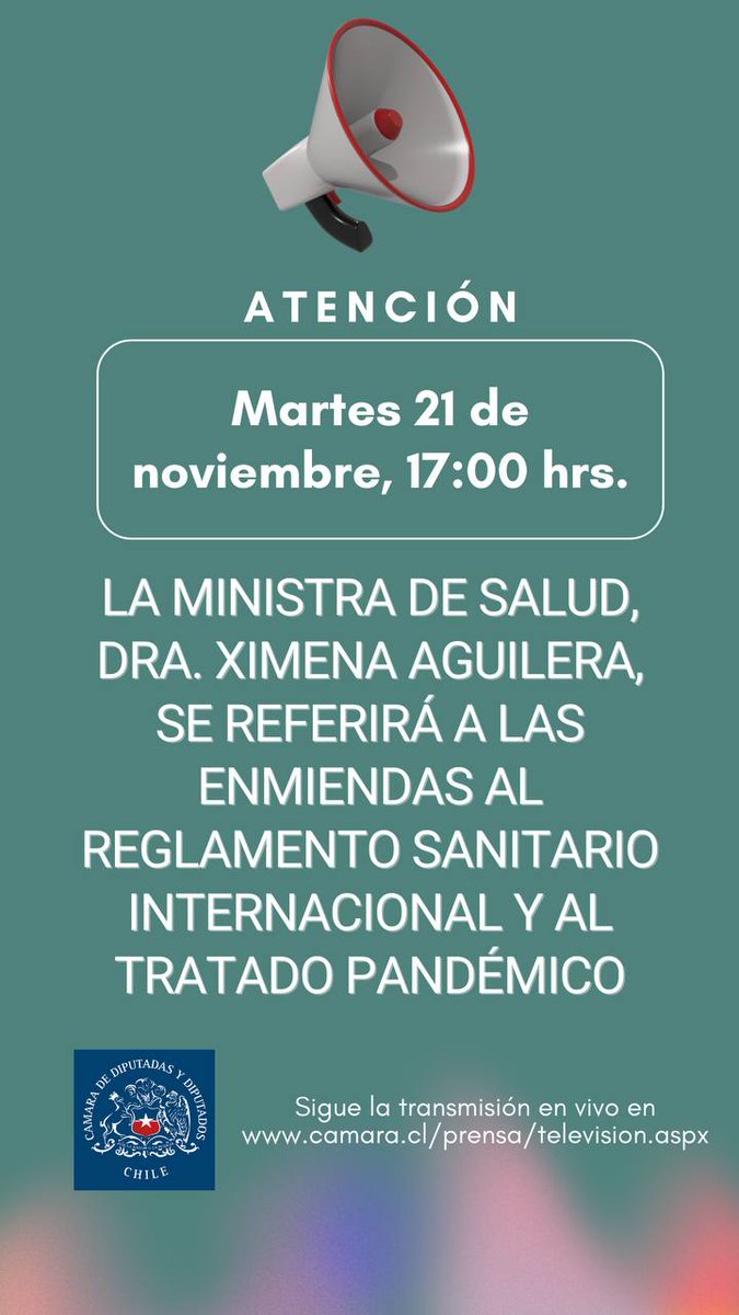 Martes 21 de Noviembre 17:00 hrs. la Ministra de Salud Dra. Ximena Aguilera asistirá a una sesión con la Comisión de Salud de la Cámara de Diputados para exponer sobre las enmiendas al Reglamento Sanitario Internacional (RSI) y el Tratado de Pandemias.
  camara.cl/prensa/televis…