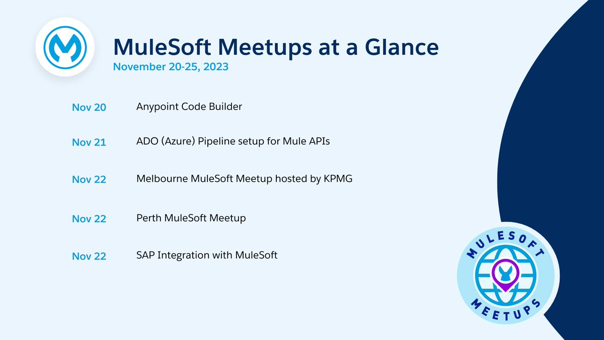 MuleSoft's tweet photo. Network with Muleys, share your insights, and learn automation with #MuleSoftMeetups.
📍 View all this week’s events around the world: https://t.co/tGzF8ypZsr https://t.co/4483nvvDjp