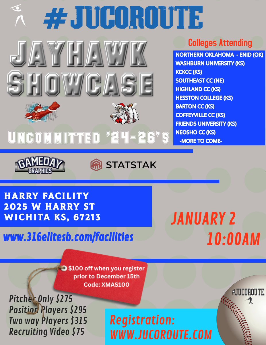 JAYHAWK WINTER SHOWCASE

⚾️UNCOMMITTED 24-26'S HS⚾️

🏟️ Harry Facility 
📍 Wichita, KS
📅 JAN 2, 2024

Sample Recruiting Video rb.gy/89fi4

Register by Dec 15 for $100 discount 

Save  your spot 👉Jucoroute.com

<a href="/GamedayLLC/">GameDay Graphics LLC</a> | @316_Baseball