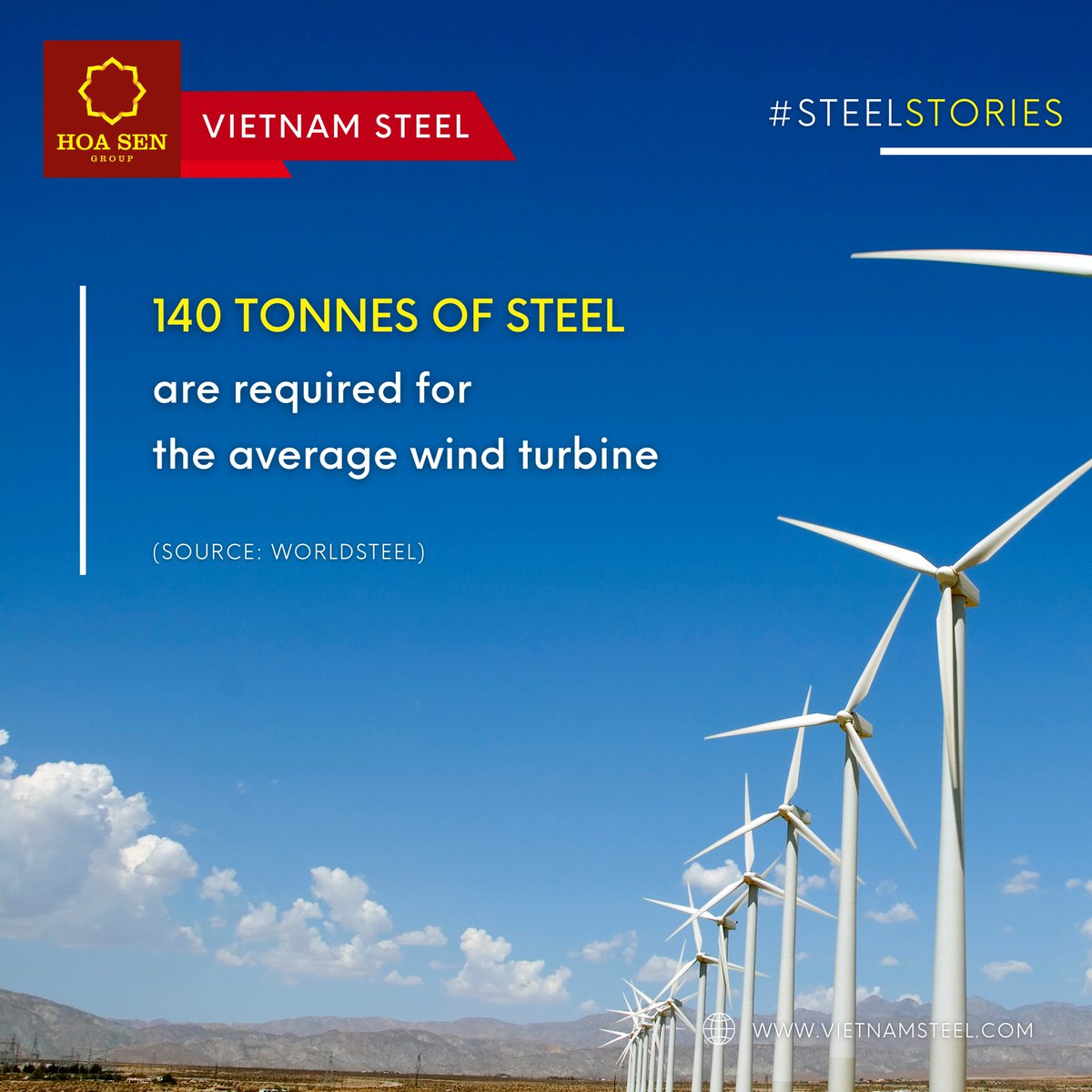 ⚜️ 140 tonnes of steel are required for the average wind turbine. 
----
Website: vietnamsteel.com

#steelexport #vietnamsteel #hoasengroup #steelasia #steelimport #hsg #steelsheet #steelpipe #plasticpipe #steelfacts #steelexport